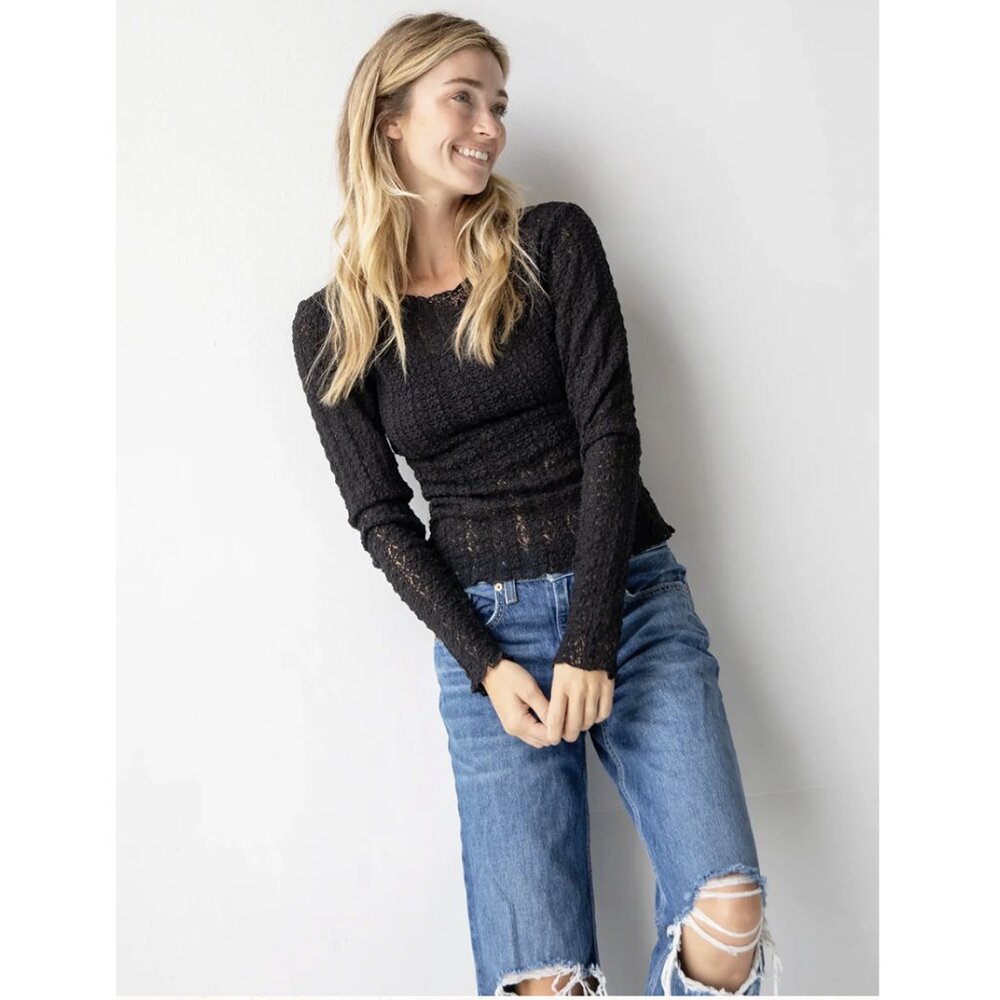 Natural Life Lace Layering Top L Black Long Sleeve Semi Sheer Stretchy Boho - Picture 3 of 13